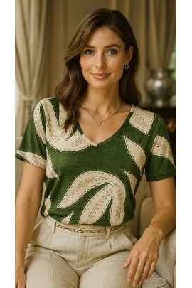 034554  Blusa Manga Curta Ramany Estampa Folhagem